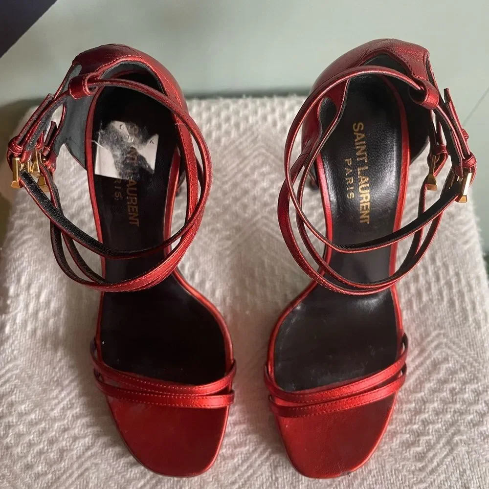 Saint Laurent / YSL Strappy Heeled Sandals, Metallic Rouge Orient, Size 37 - Picture 5 of 11